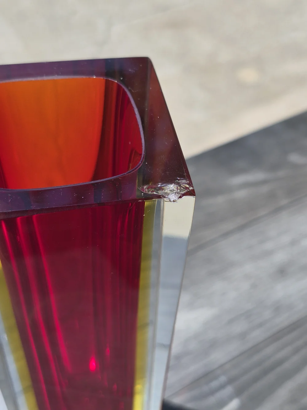 Murano Red and Yellow Tall Rectangular Glass Vase